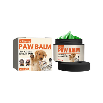 Purrfect Pet Kingdom Paw Balm: Green cream in 30g black jar with box showing a puppy, kitten, and before/after paws.