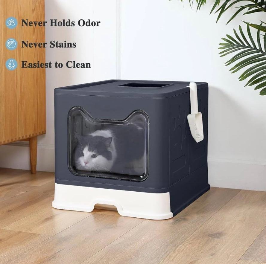 Bolux Foldable Cat Litter Box with Lid, Extra Large, Drawer Type Cat Litter Pan Easy to Scoop & Low Tracking (Dark Grey, 20" L x 16" W x 15" H)