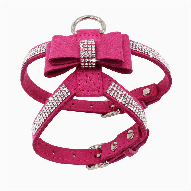 Sparkling rhinestone bow pet chest strap, rhinestone dog chest strap, suede microfiber dog chain pet supplies