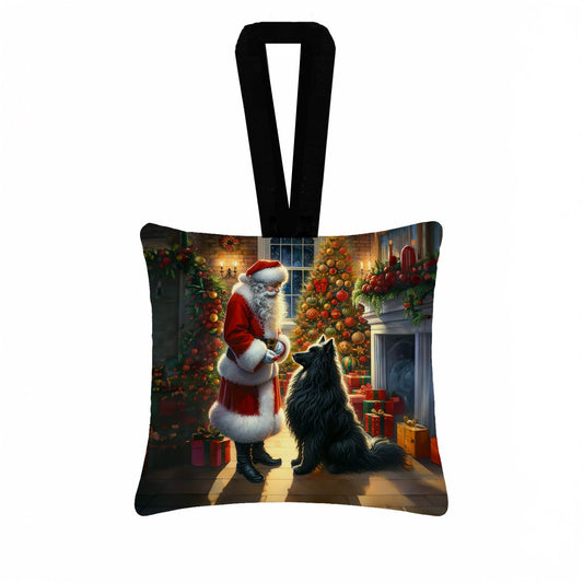 Belgian Sheepdog and Santa Claus Hanging Square Fabric Ornament 3.5 × 3.5