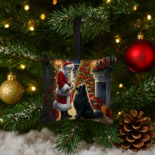 Belgian Sheepdog and Santa Claus Hanging Square Fabric Ornament 3.5 × 3.5