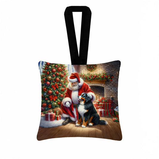 Bernese Mountain Dog and Santa Claus Hanging Square Fabric Ornament 3.5 × 3.5
