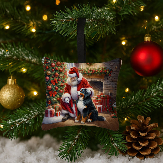 Bernese Mountain Dog and Santa Claus Hanging Square Fabric Ornament 3.5 × 3.5