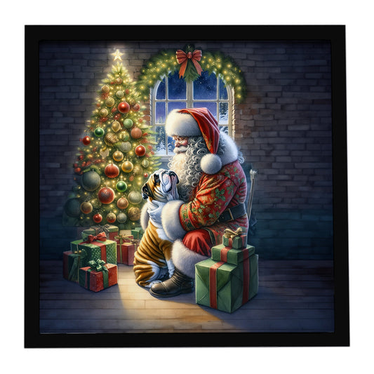 English Bulldog and Santa Claus Framed Metal Print