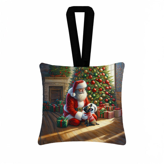 French Bulldog and Santa Claus Hanging Square Fabric Ornament 3.5 × 3.5