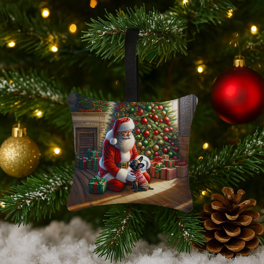 French Bulldog and Santa Claus Hanging Square Fabric Ornament 3.5 × 3.5