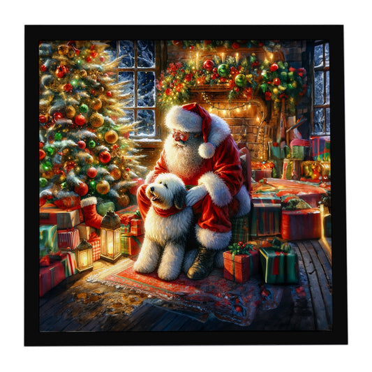 Old English Sheepdog and Santa Claus Framed Metal Print