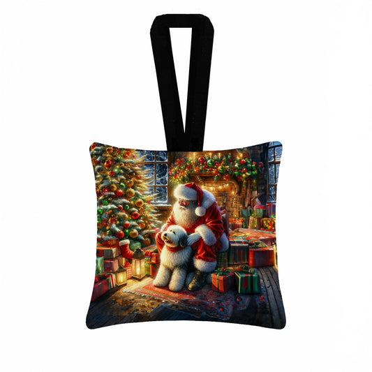 Old English Sheepdog and Santa Claus Hanging Square Fabric Ornament 3.5 × 3.5