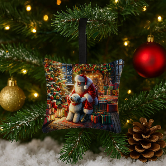 Old English Sheepdog and Santa Claus Hanging Square Fabric Ornament 3.5 × 3.5