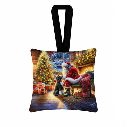 Portuguese Water Dog and Santa Claus Hanging Square Fabric Ornament 3.5 × 3.5