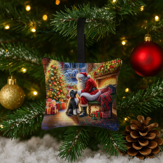 Portuguese Water Dog and Santa Claus Hanging Square Fabric Ornament 3.5 × 3.5