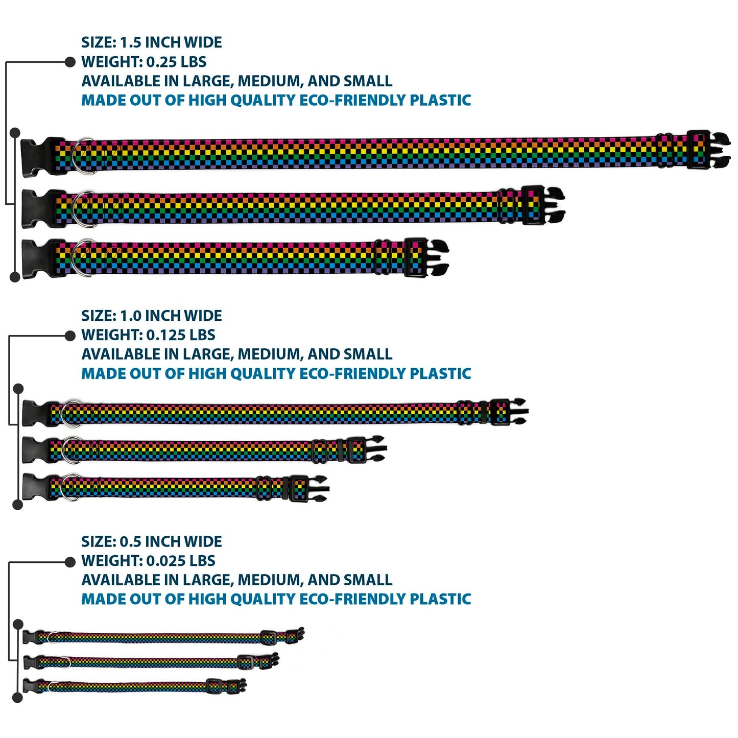 Plastic Clip Collar - Checker Black/Neon Rainbow - Premium Dog Collars - Buckle - Down