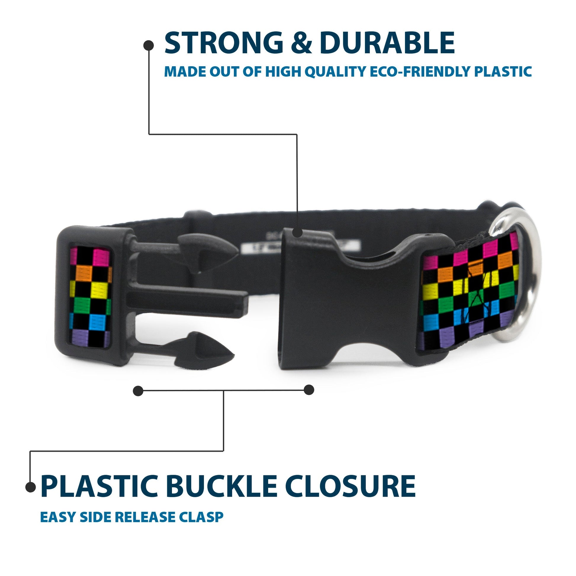 Plastic Clip Collar - Checker Black/Neon Rainbow - Premium Dog Collars - Buckle - Down