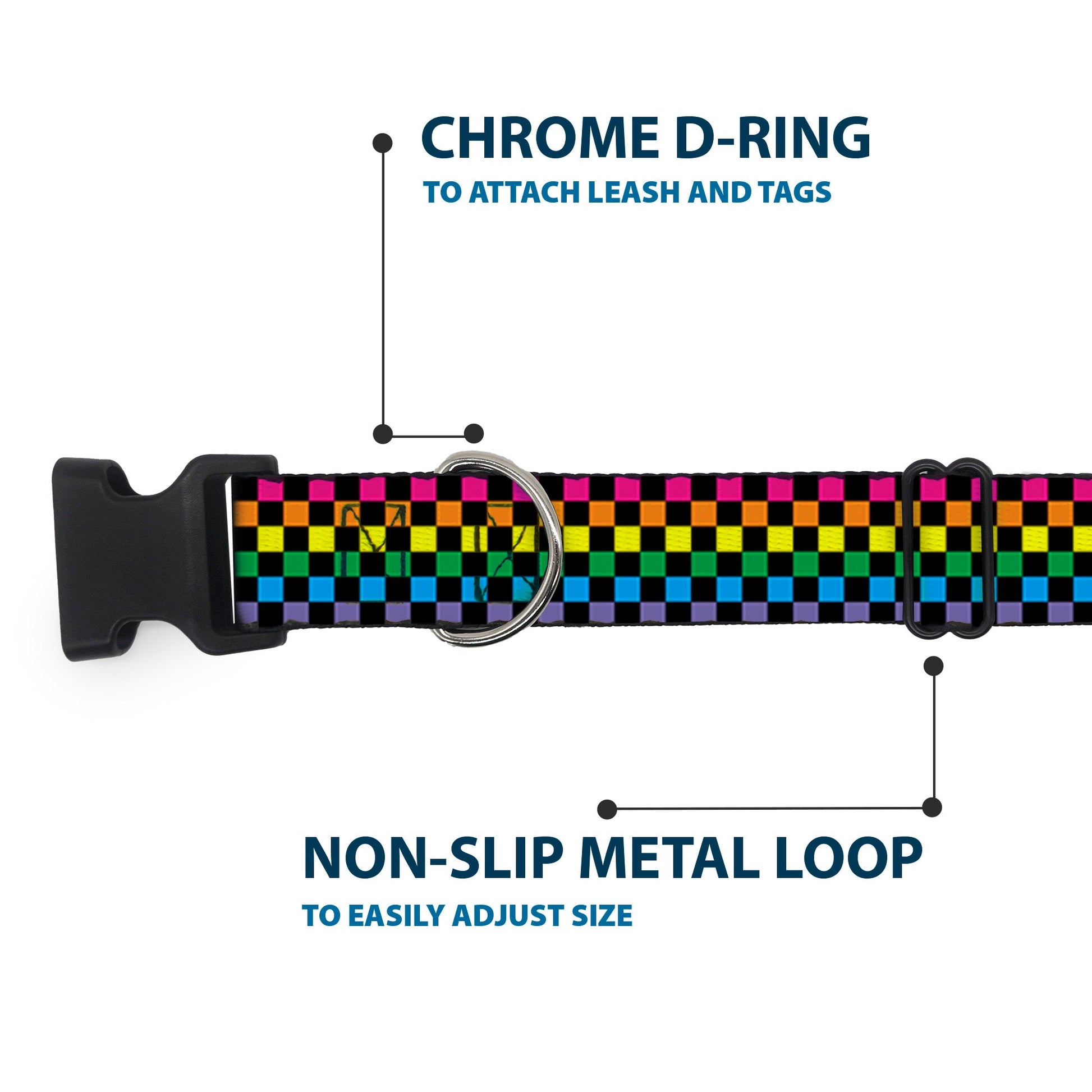 Plastic Clip Collar - Checker Black/Neon Rainbow - Premium Dog Collars - Buckle - Down