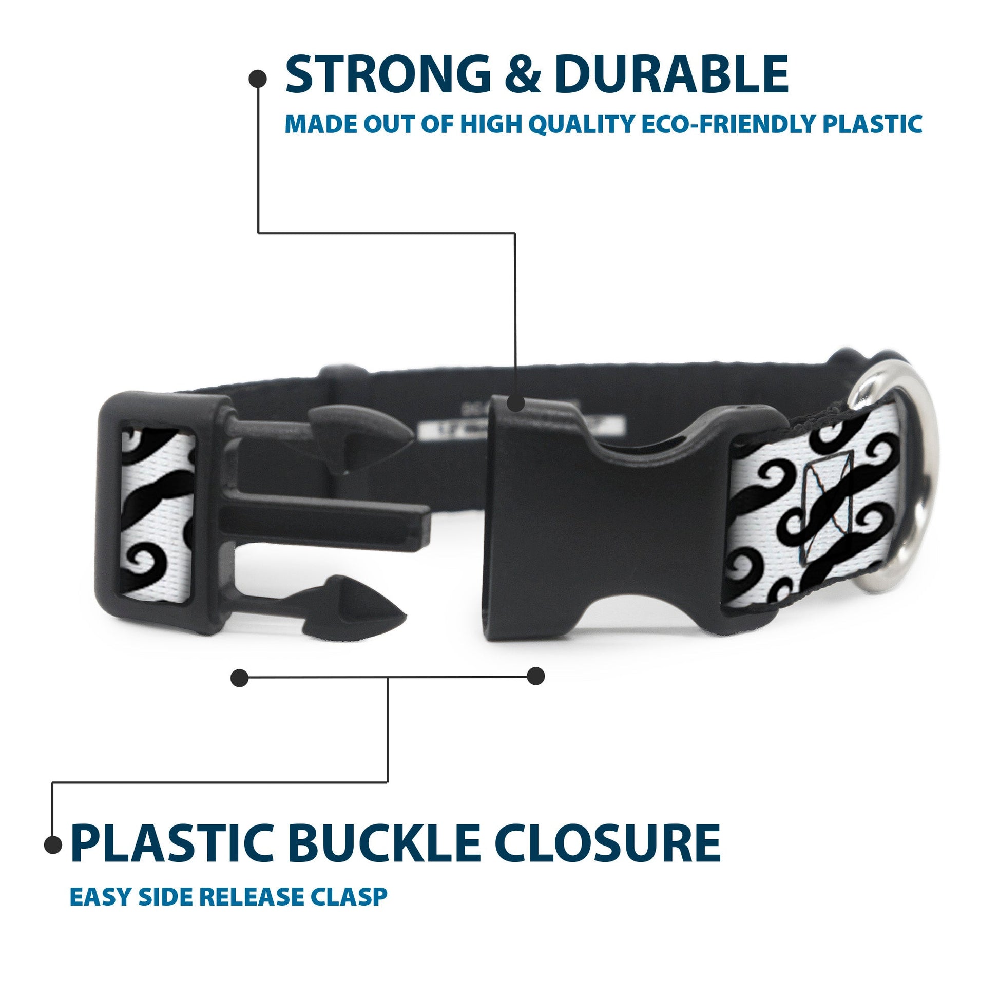 Plastic Clip Collar - Diagonal Handlebar Mustaches White/Black - Premium Dog Collars - Buckle - Down