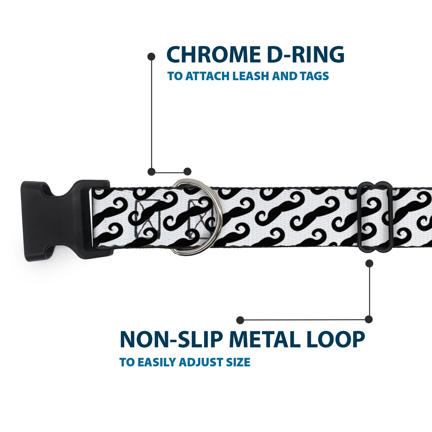 Plastic Clip Collar - Diagonal Handlebar Mustaches White/Black - Premium Dog Collars - Buckle - Down