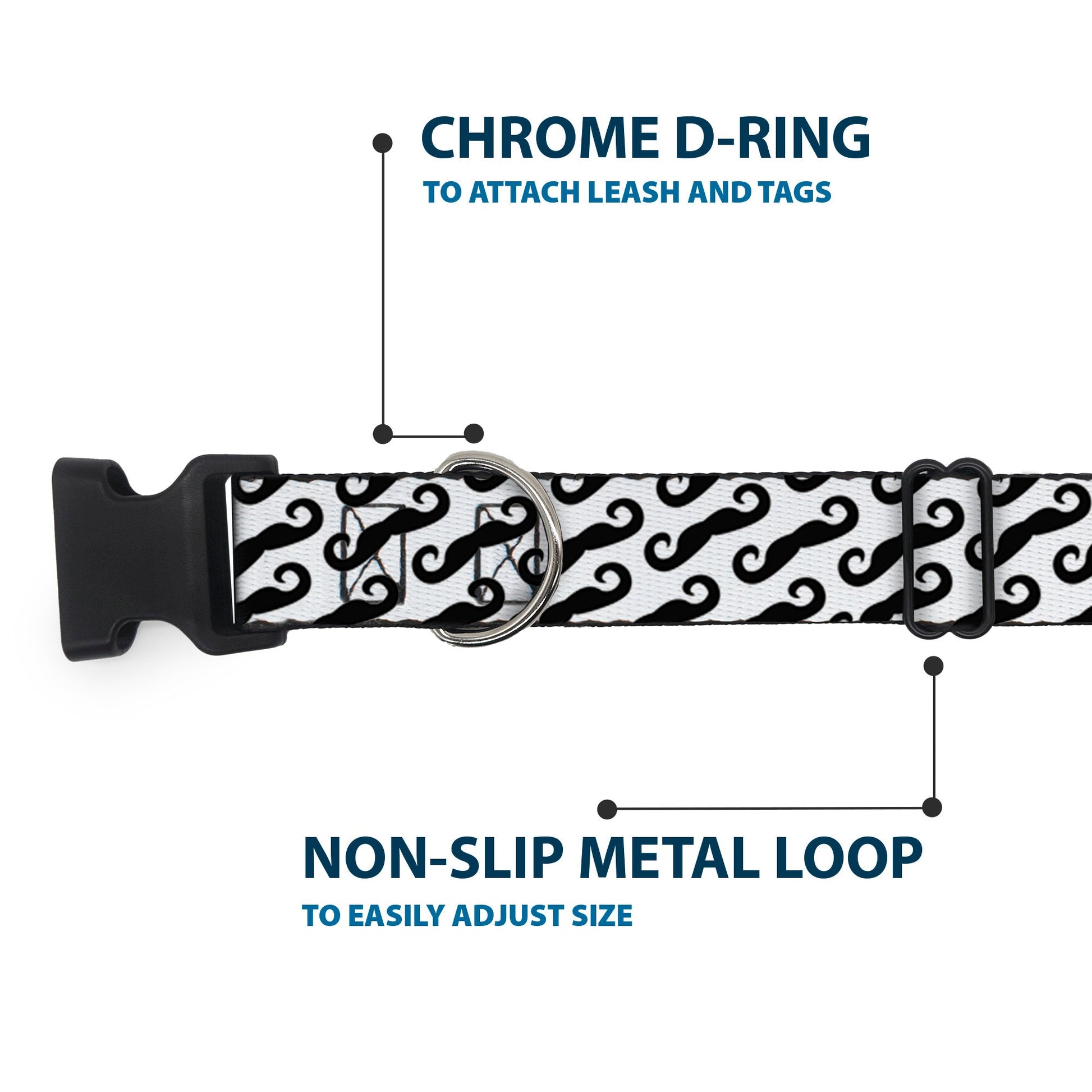 Plastic Clip Collar - Diagonal Handlebar Mustaches White/Black - Premium Dog Collars - Buckle - Down