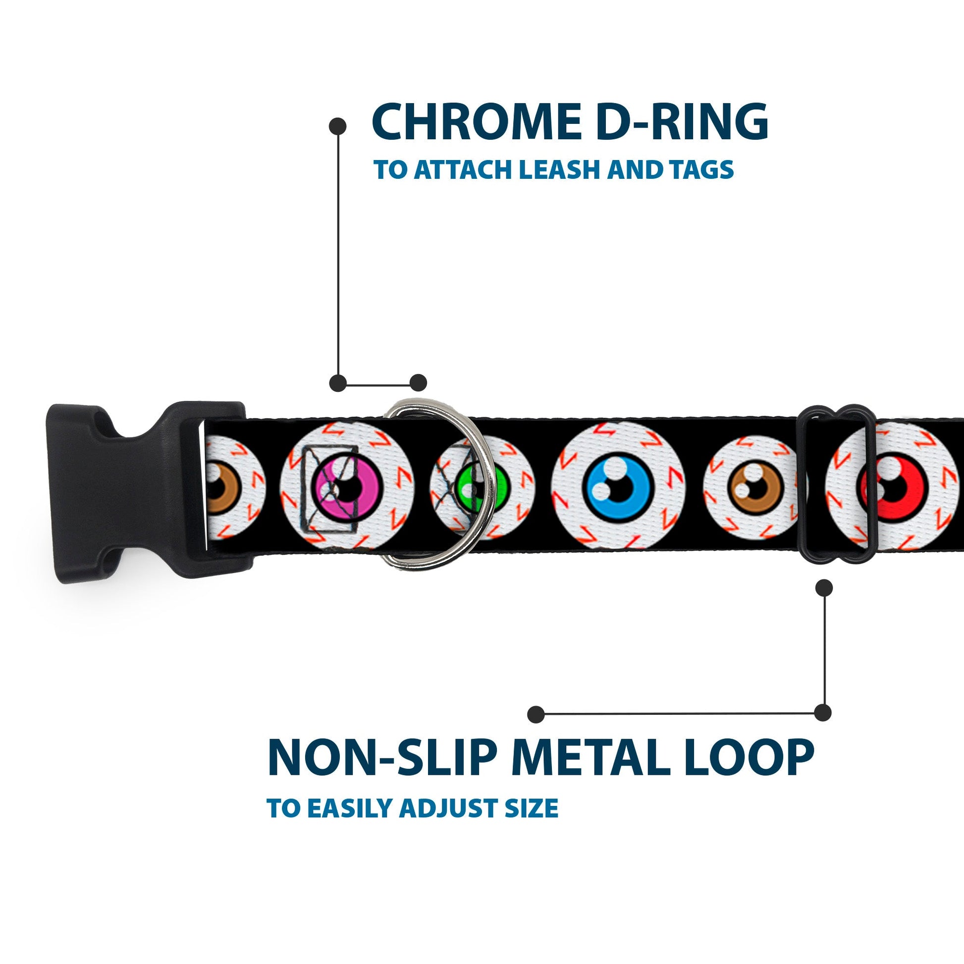 Plastic Clip Collar - Eyeballs Black/Multi Color - Premium Dog Collars - Buckle - Down