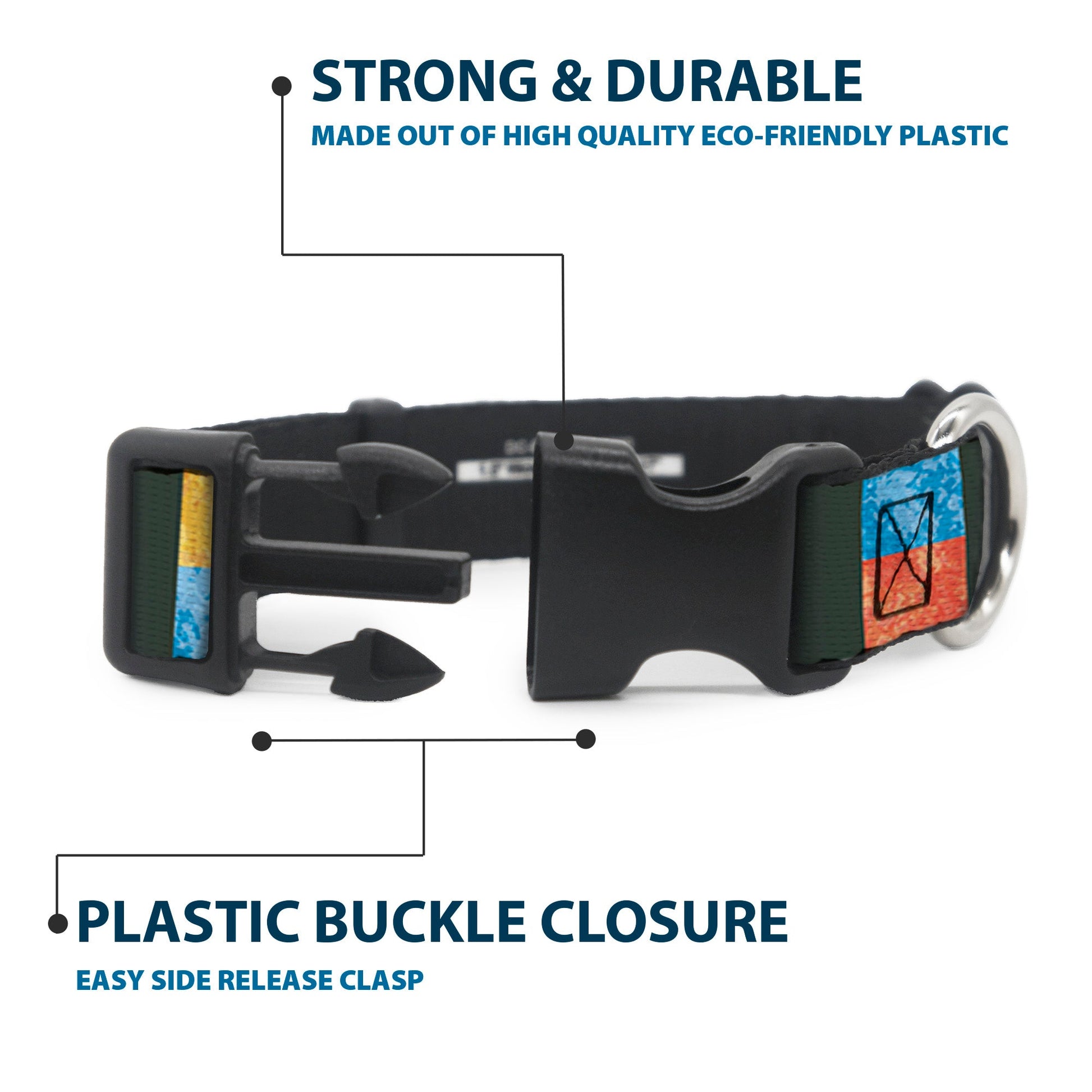 Plastic Clip Collar - Geometric8 Charcoal/Orange/Gold/Blue - Premium Dog Collars - Buckle - Down