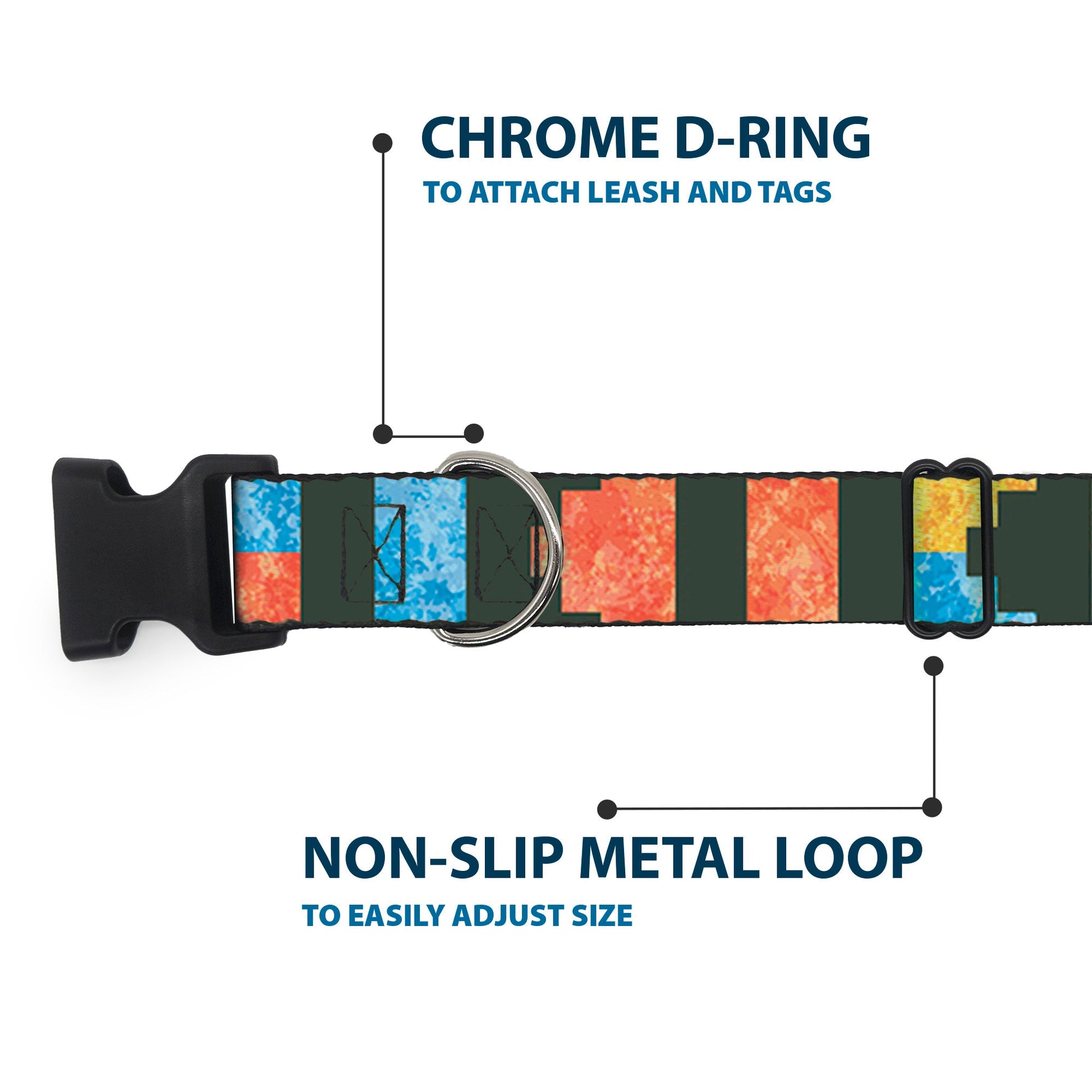 Plastic Clip Collar - Geometric8 Charcoal/Orange/Gold/Blue - Premium Dog Collars - Buckle - Down