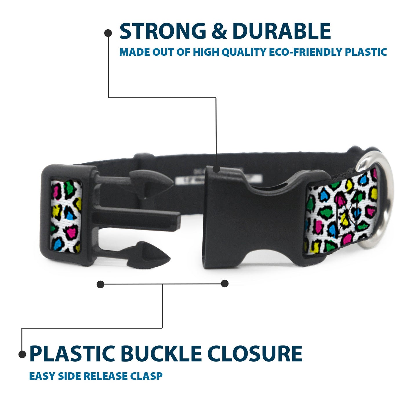 Plastic Clip Collar - Leopard White/Multi Color - Premium Dog Collars - Buckle - Down