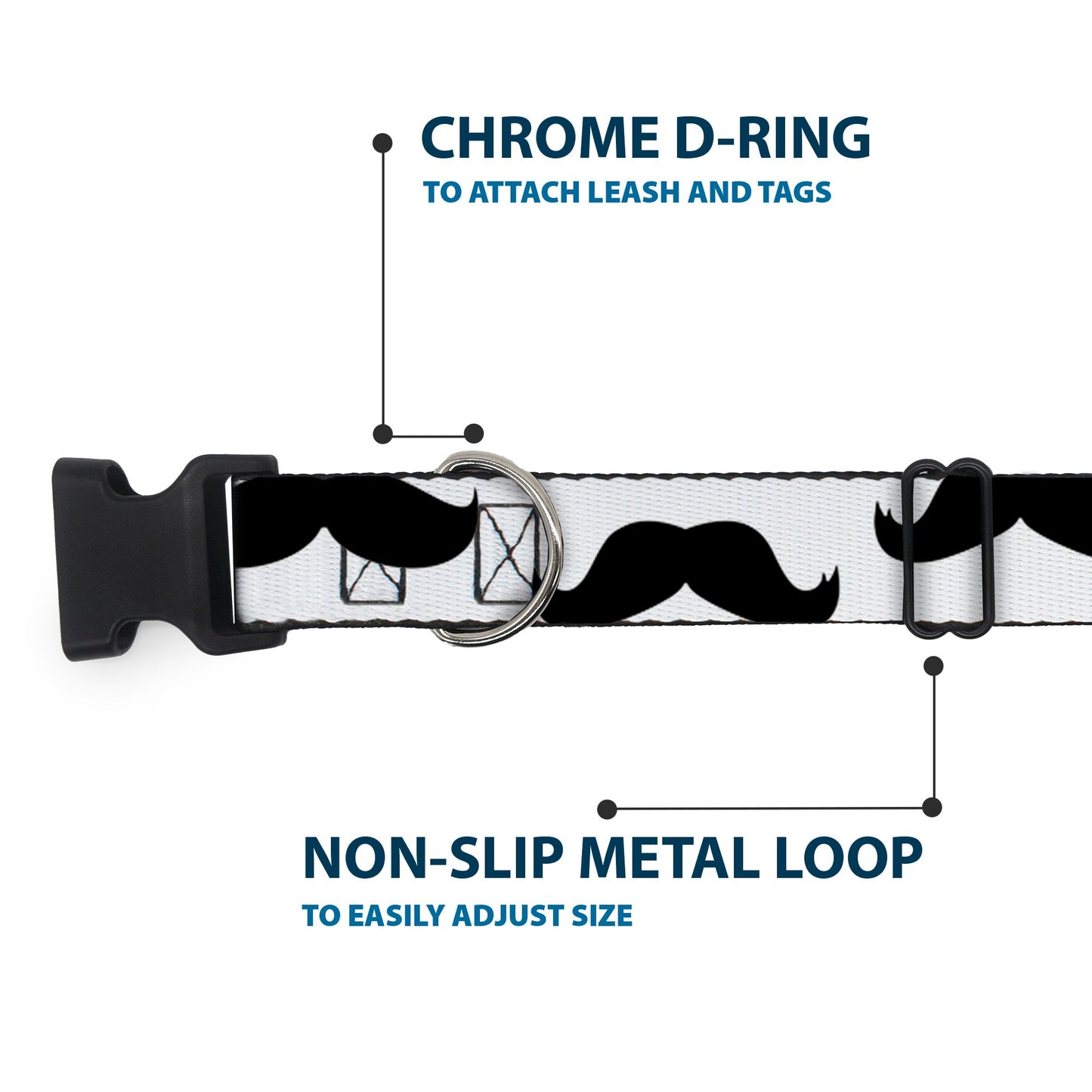 Plastic Clip Collar - Mustaches White/Black - Premium Dog Collars - Buckle - Down