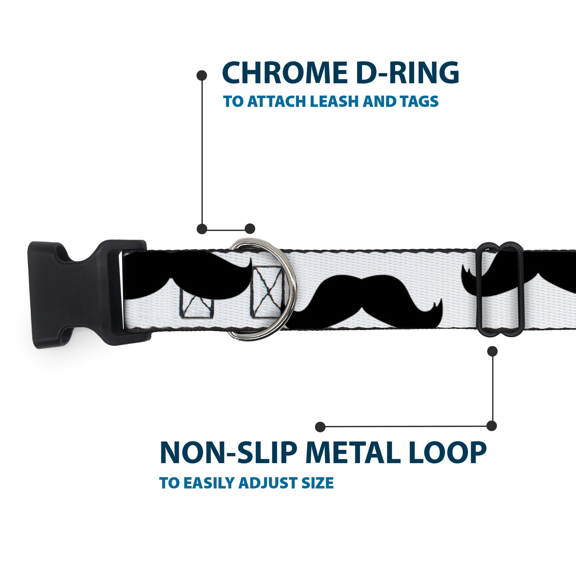 Plastic Clip Collar - Mustaches White/Black - Premium Dog Collars - Buckle - Down