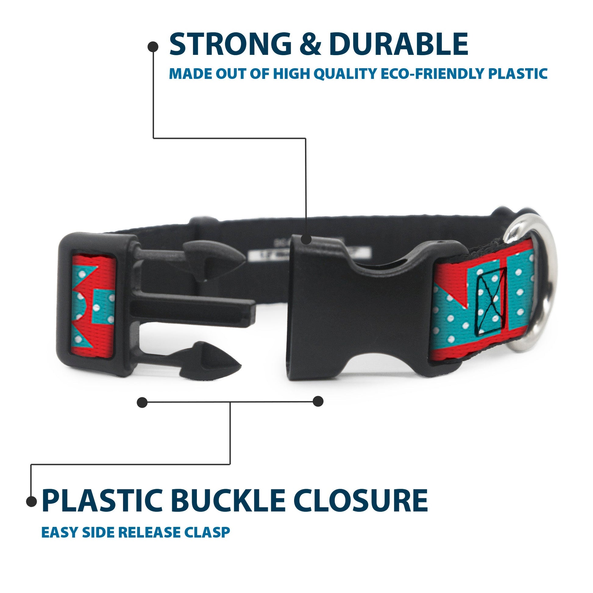 Plastic Clip Collar - BUCKLE - DOWN Shapes Red/Dot Turquoise/White - Premium Dog Collars - Buckle - Down