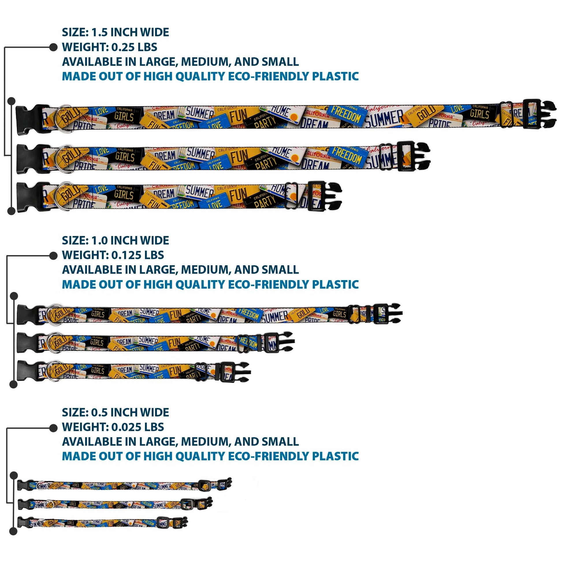 Plastic Clip Collar - Cali License Plates Stacked - Premium Dog Collars - Buckle - Down