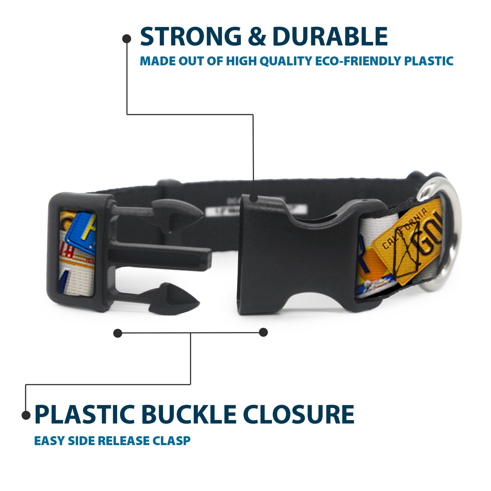 Plastic Clip Collar - Cali License Plates Stacked - Premium Dog Collars - Buckle - Down
