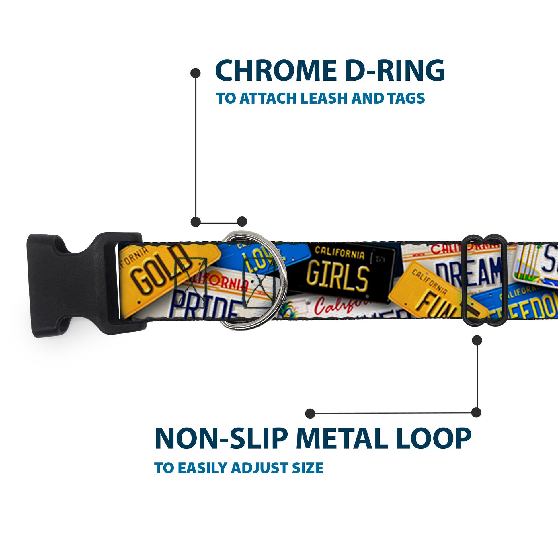 Plastic Clip Collar - Cali License Plates Stacked - Premium Dog Collars - Buckle - Down