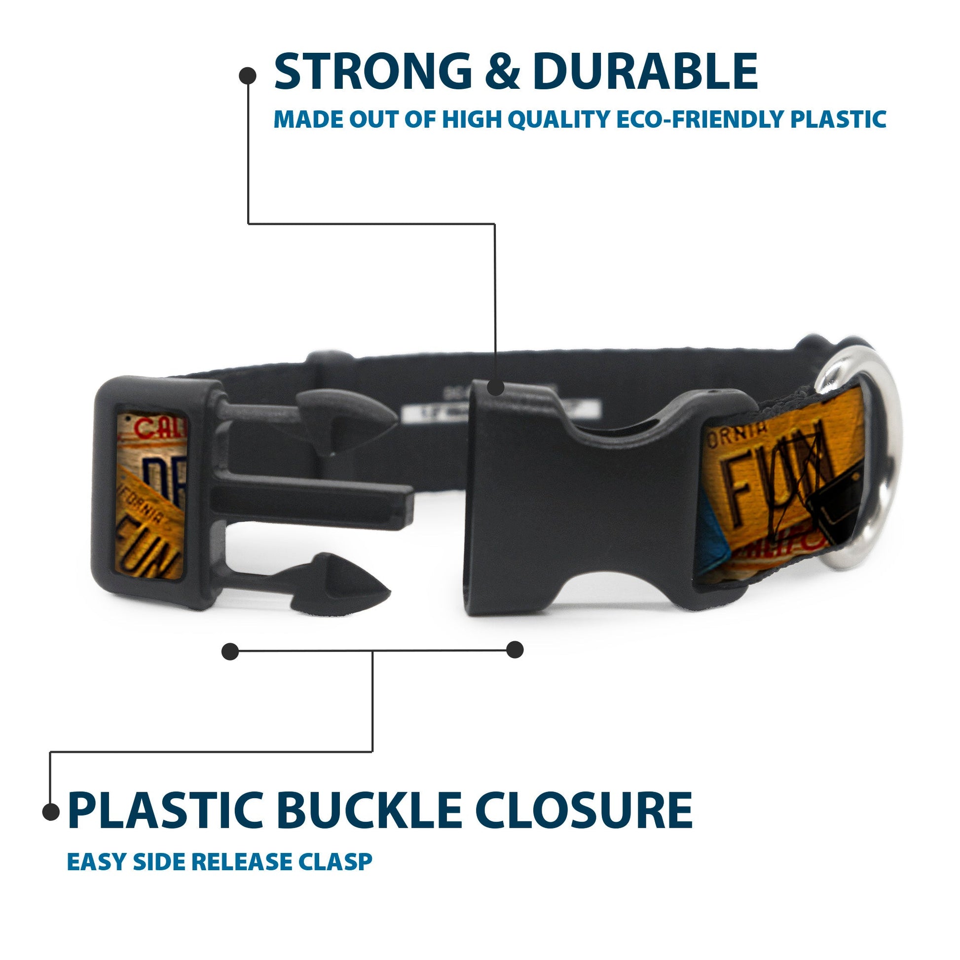 Plastic Clip Collar - Cali License Plates Stacked Vintage - Premium Dog Collars - Buckle - Down