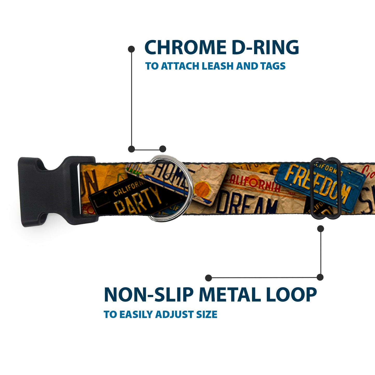 Plastic Clip Collar - Cali License Plates Stacked Vintage - Premium Dog Collars - Buckle - Down
