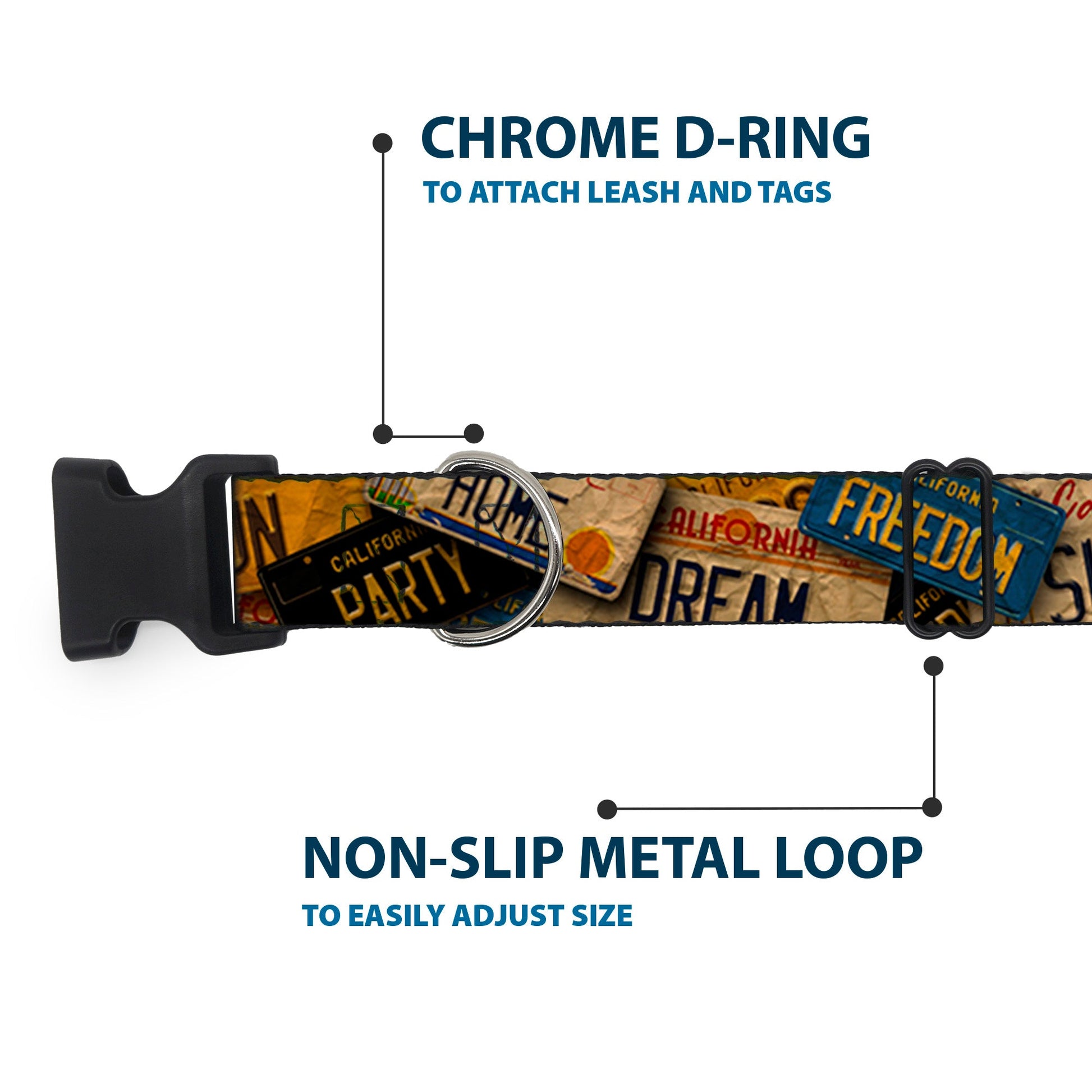 Plastic Clip Collar - Cali License Plates Stacked Vintage - Premium Dog Collars - Buckle - Down