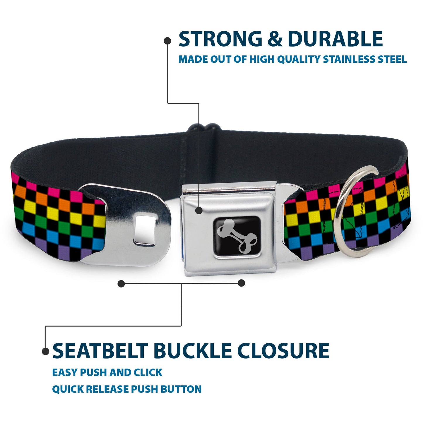 Dog Bone Seatbelt Buckle Collar - Checker Black/Neon Rainbow - Seatbelt Buckle Collars - Buckle - Down