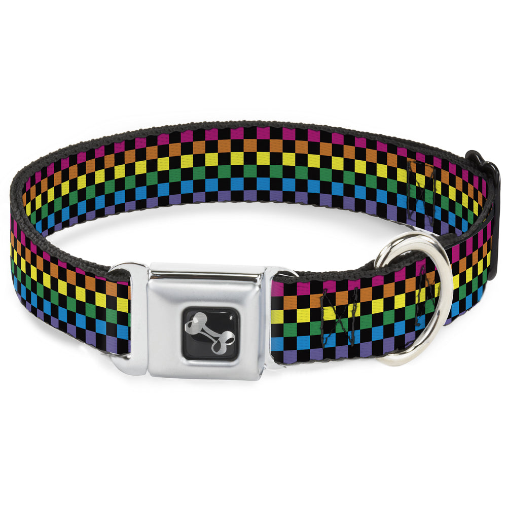 Dog Bone Seatbelt Buckle Collar - Checker Black/Neon Rainbow - Seatbelt Buckle Collars - Buckle - Down