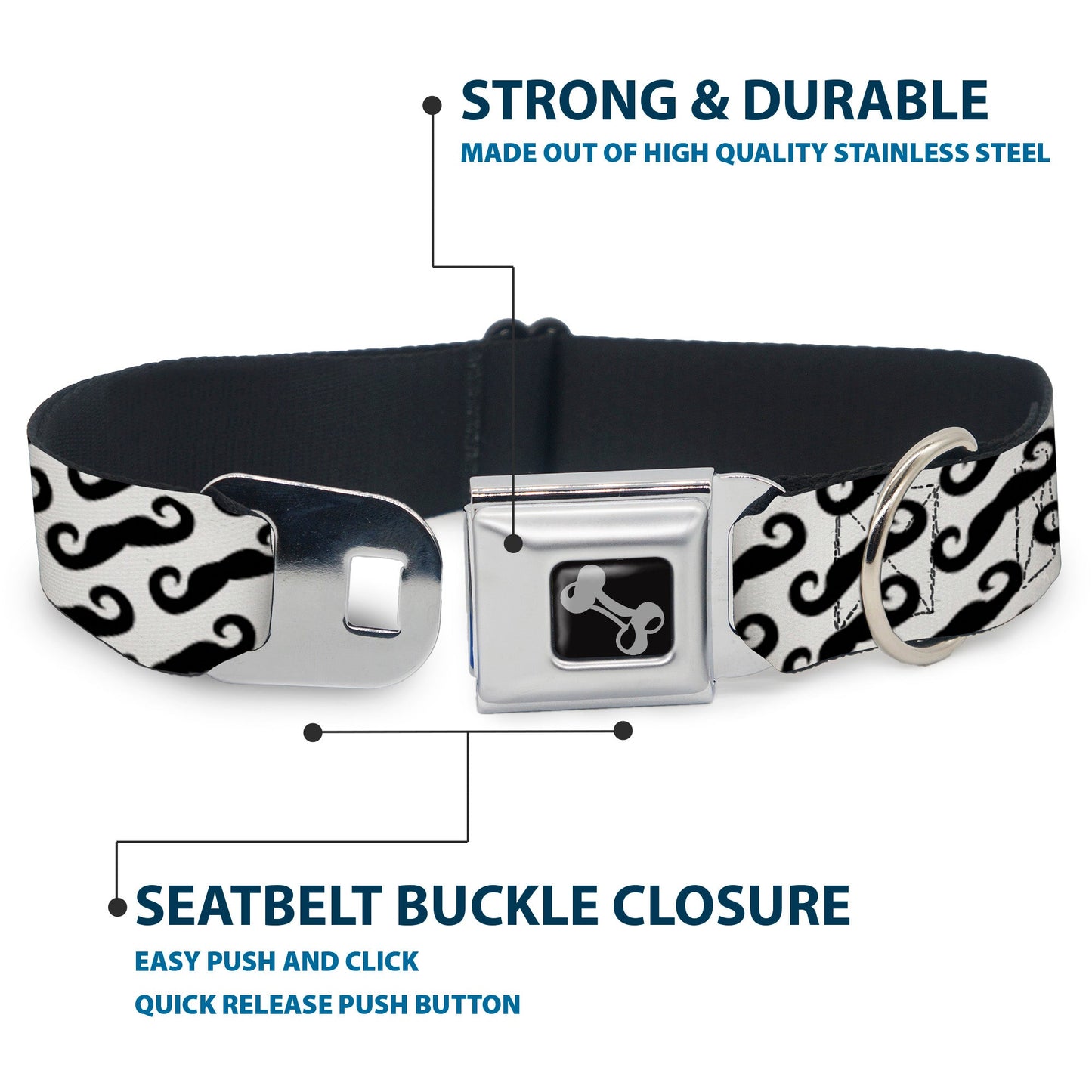 Dog Bone Seatbelt Buckle Collar - Diagonal Handlebar Mustaches White/Black - Seatbelt Buckle Collars - Buckle - Down
