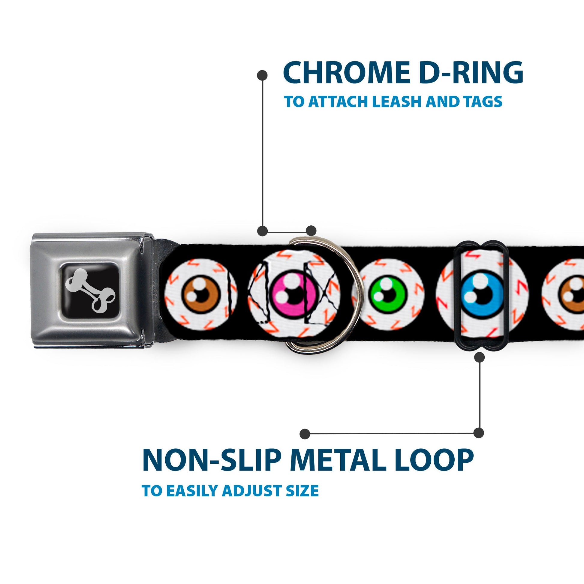 Dog Bone Seatbelt Buckle Collar - Eyeballs Black/Multi Color - Seatbelt Buckle Collars - Buckle - Down