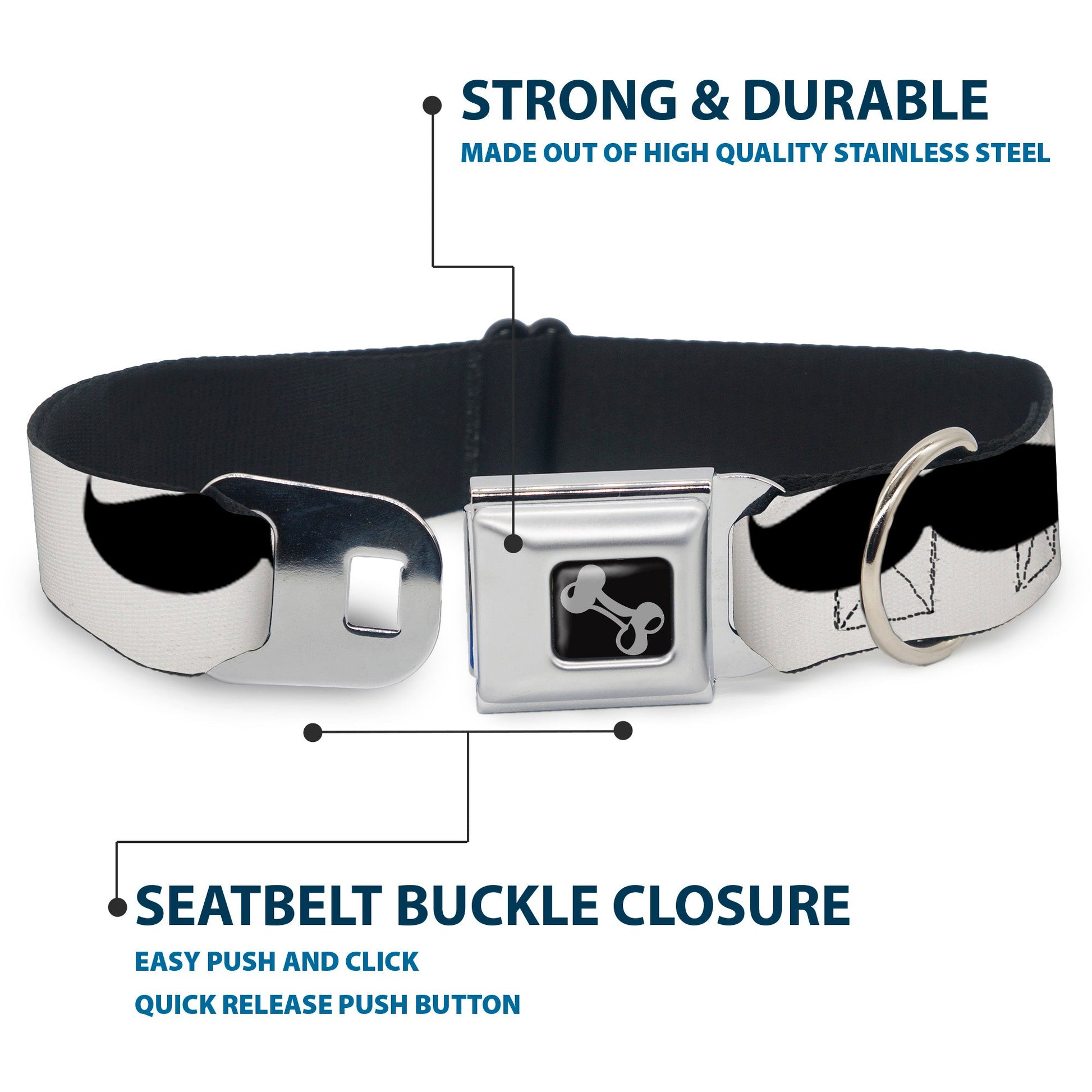 Dog Bone Seatbelt Buckle Collar - Mustaches White/Black - Seatbelt Buckle Collars - Buckle - Down