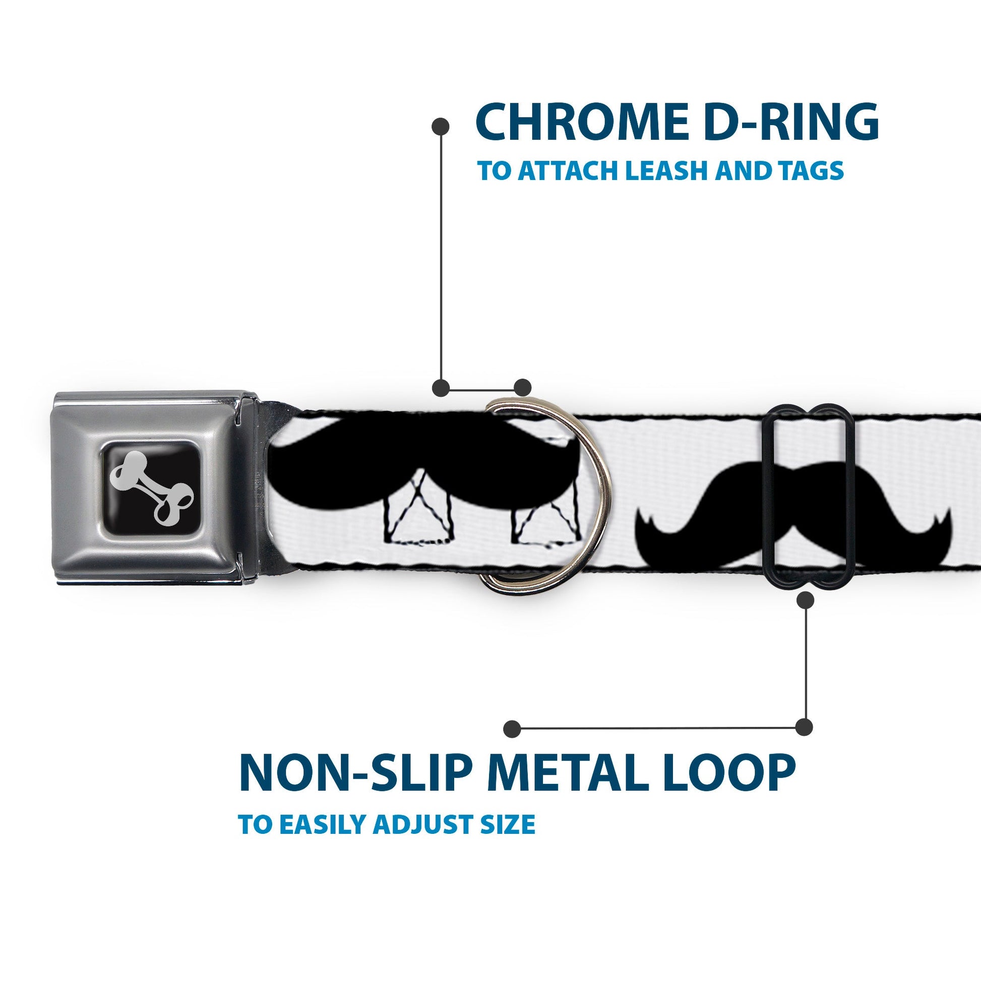 Dog Bone Seatbelt Buckle Collar - Mustaches White/Black - Seatbelt Buckle Collars - Buckle - Down
