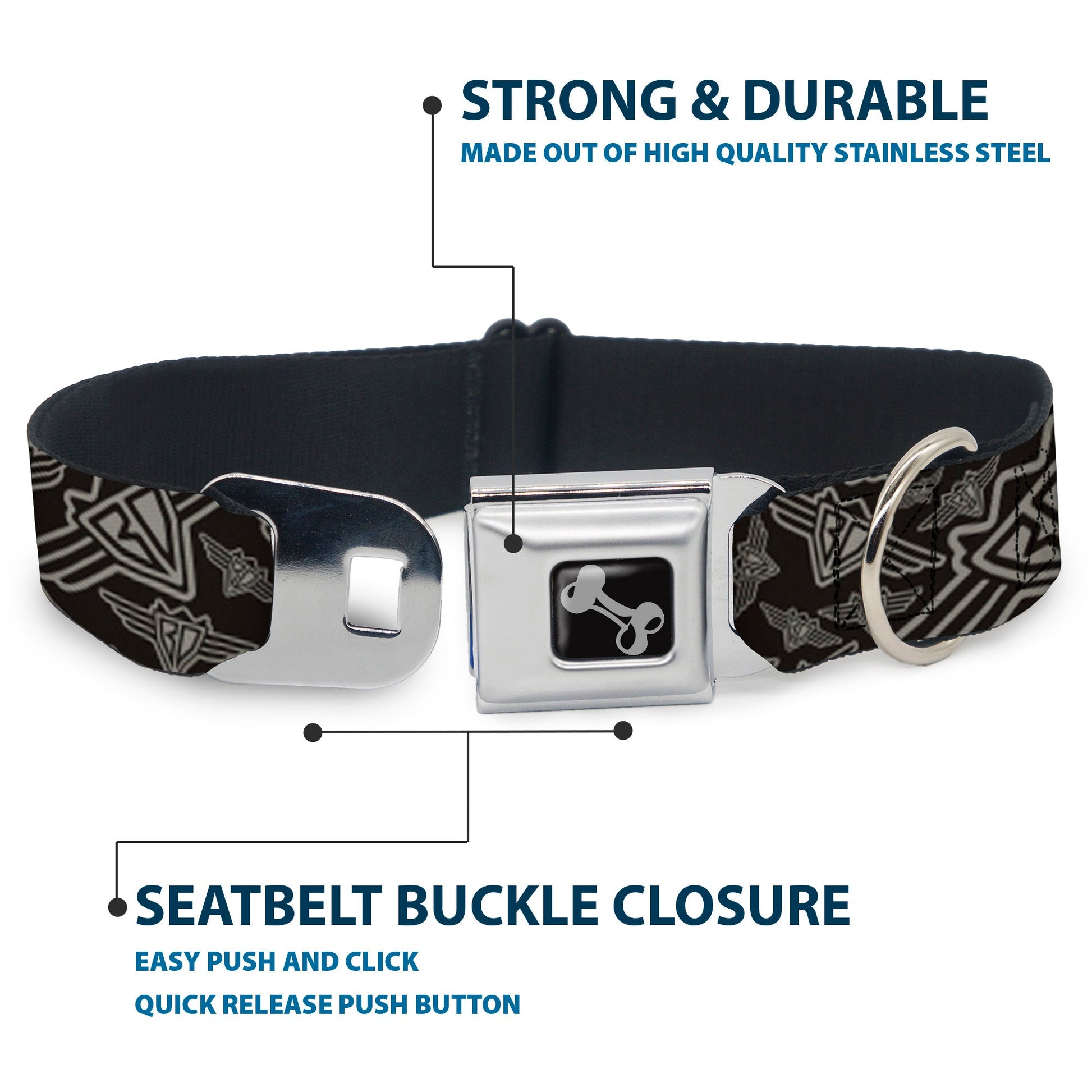 Dog Bone Seatbelt Buckle Collar - BD Logo Scattered Black/Gray - Premium Dog Collars - Buckle - Down
