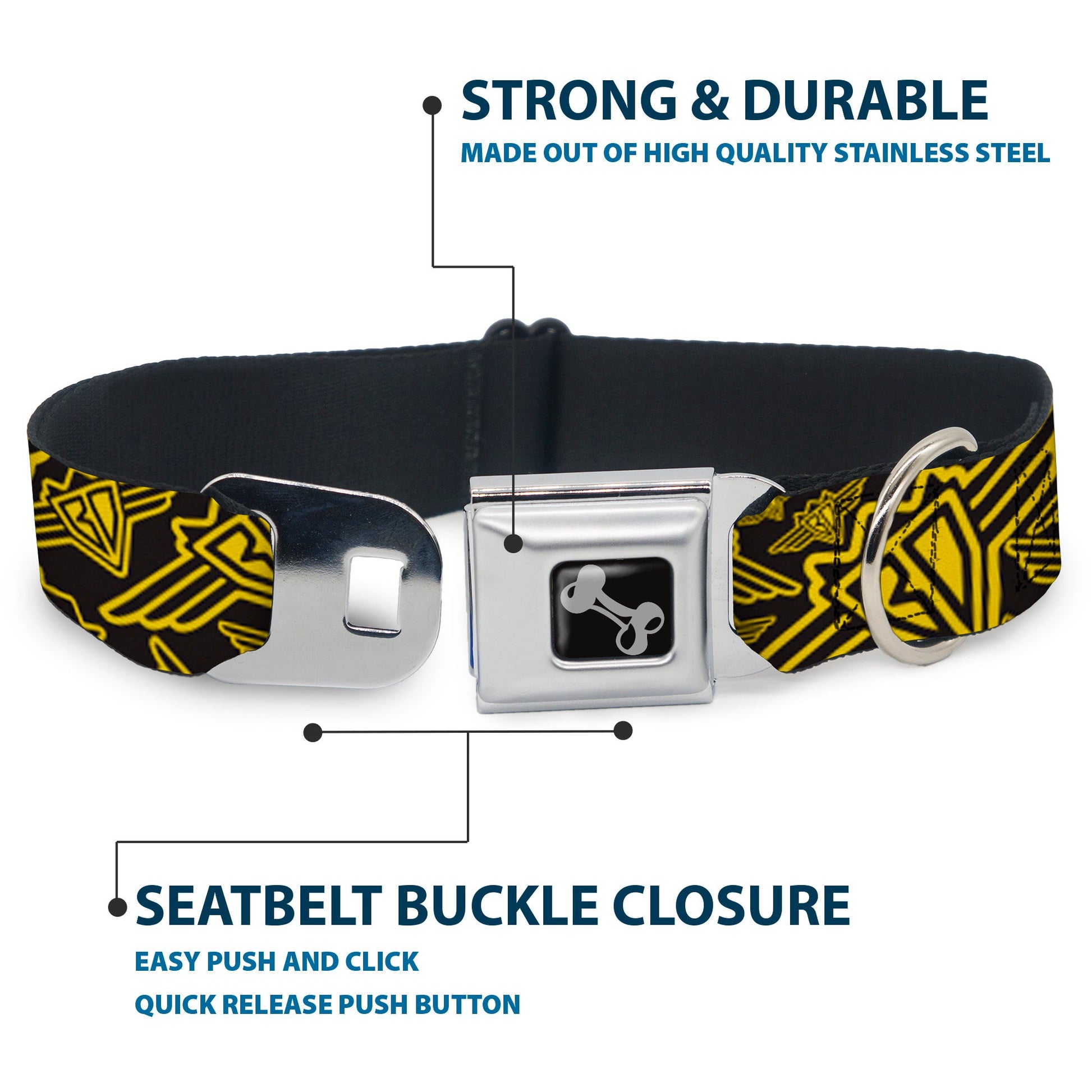 Dog Bone Seatbelt Buckle Collar - BD Logo Scattered Black/Yellow - Premium Dog Collars - Buckle - Down