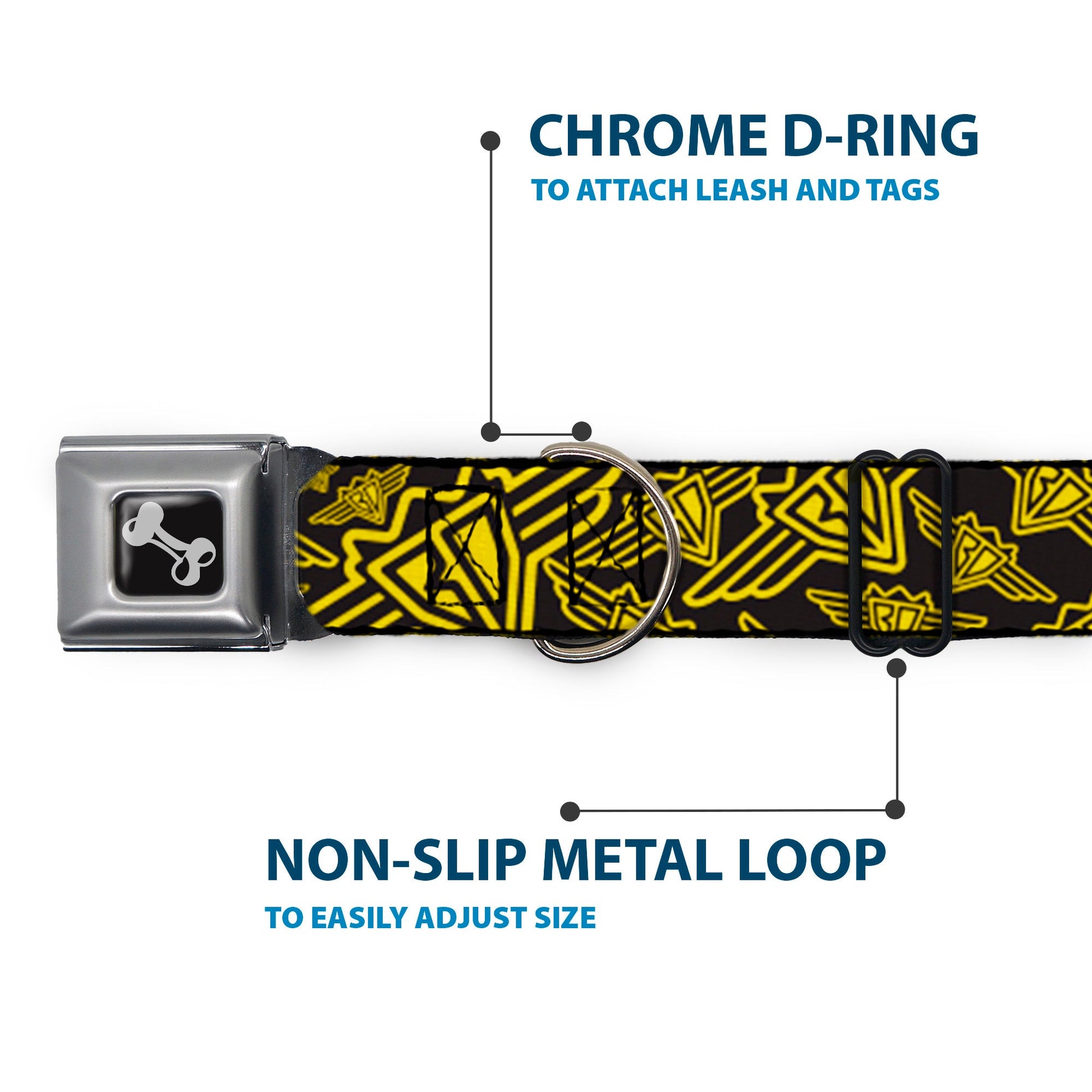 Dog Bone Seatbelt Buckle Collar - BD Logo Scattered Black/Yellow - Premium Dog Collars - Buckle - Down