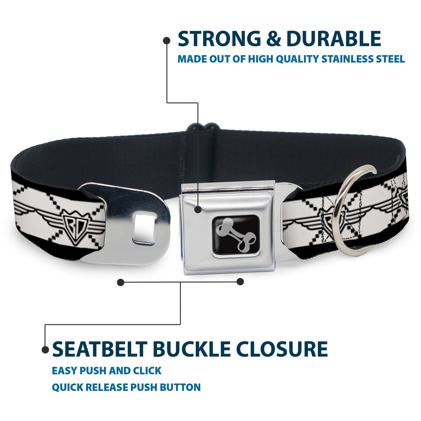 Dog Bone Seatbelt Buckle Collar - BD Monogram2 White/Black - Seatbelt Buckle Collars - Buckle - Down