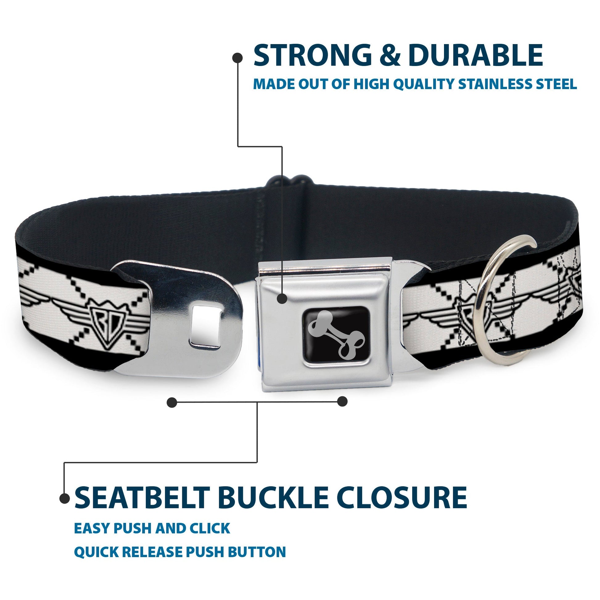 Dog Bone Seatbelt Buckle Collar - BD Monogram2 White/Black - Seatbelt Buckle Collars - Buckle - Down