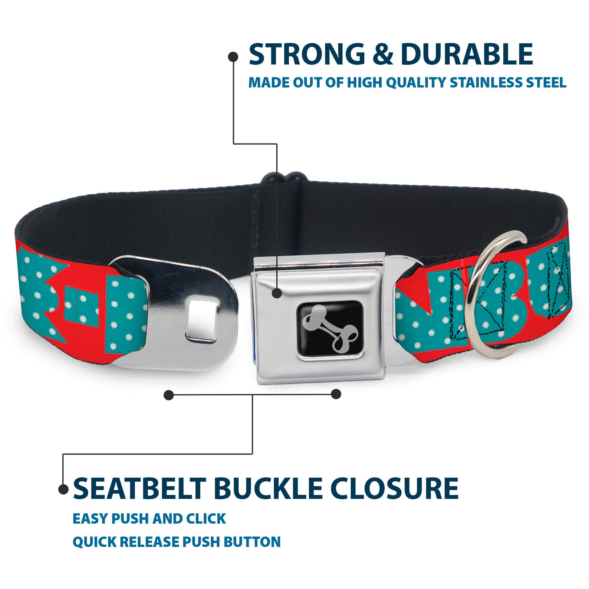Dog Bone Seatbelt Buckle Collar - BUCKLE - DOWN Shapes Red/Dot Turquoise/White - Seatbelt Buckle Collars - Buckle - Down