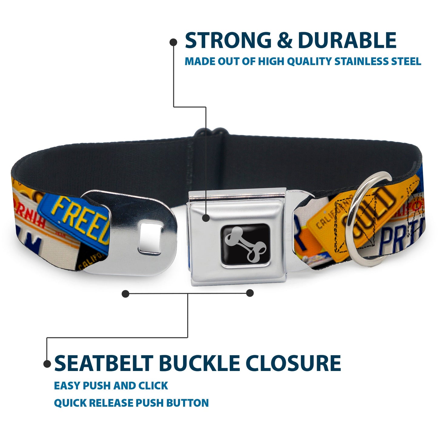 Dog Bone Seatbelt Buckle Collar - Cali License Plates Stacked - Seatbelt Buckle Collars - Buckle - Down