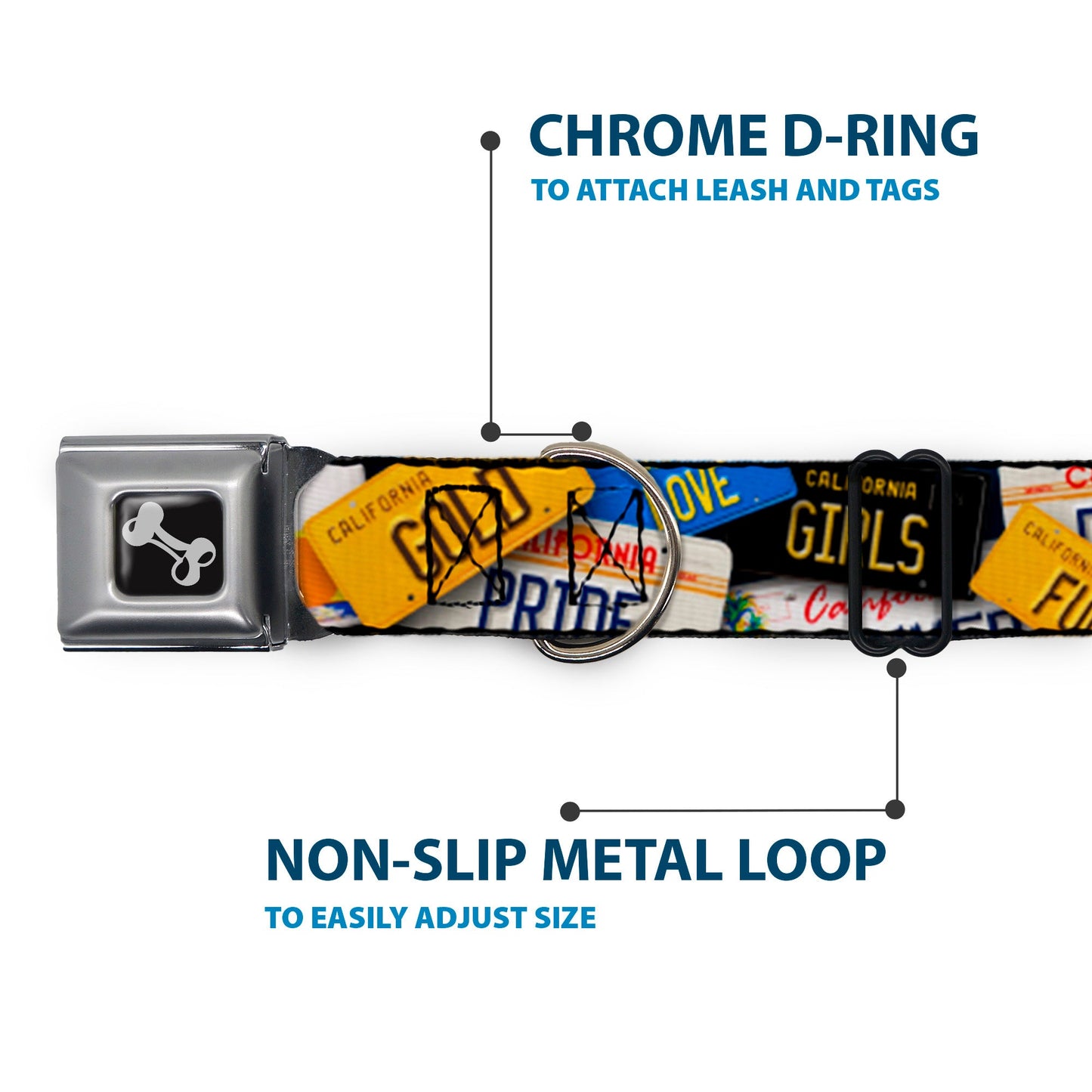Dog Bone Seatbelt Buckle Collar - Cali License Plates Stacked - Seatbelt Buckle Collars - Buckle - Down