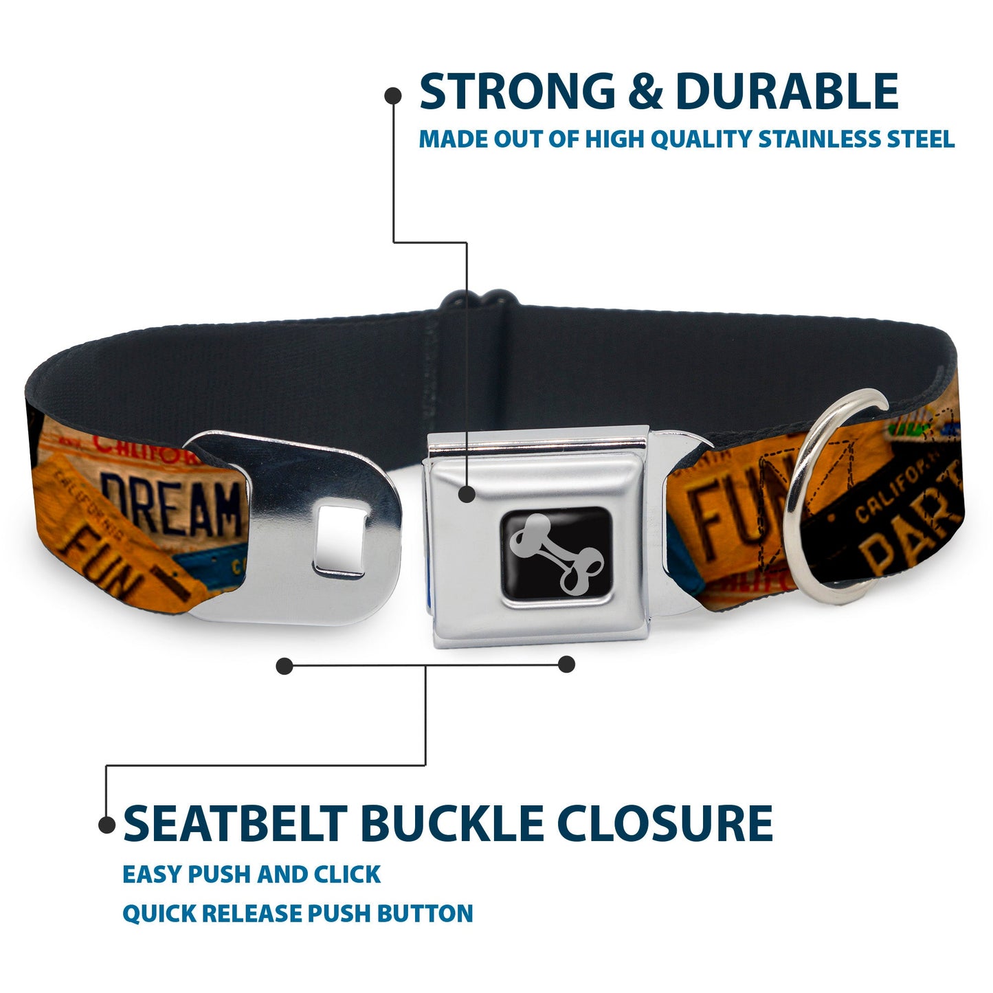 Dog Bone Seatbelt Buckle Collar - Cali License Plates Stacked Vintage - Seatbelt Buckle Collars - Buckle - Down