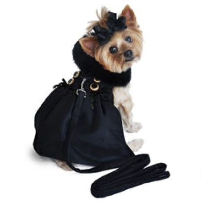 Wool Blend Black Faux Fur Collar Harness Dog Coat with matching Leash